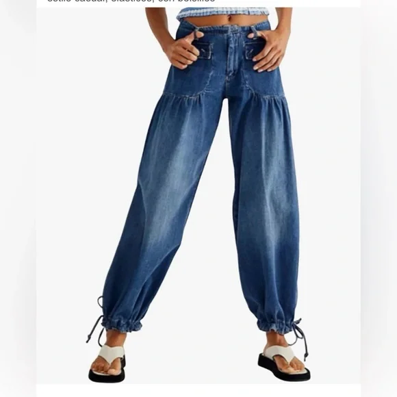 Blue High-Waist Relaxed Jeans for Women With Tie Ankles - Picture 3 of 8